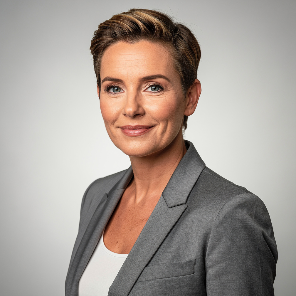 Studio portrait of a confident European television presenter