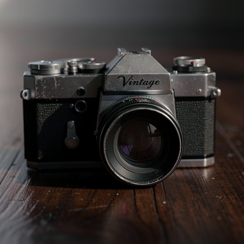 Vintage film camera resting on a wooden surface