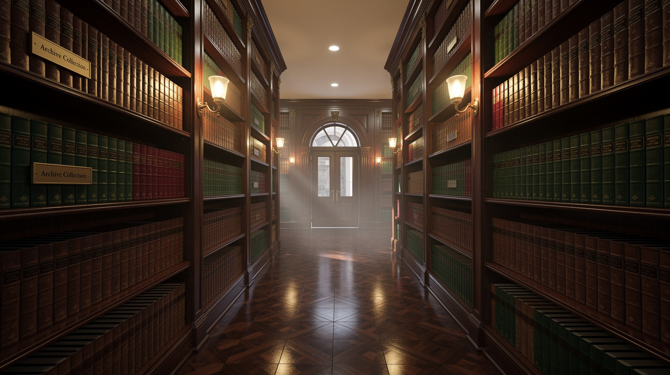 Rows of leather bound archive volumes on wooden library shelves