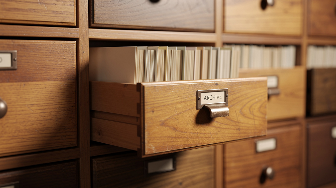 Wooden archive drawers filled with organised document folders